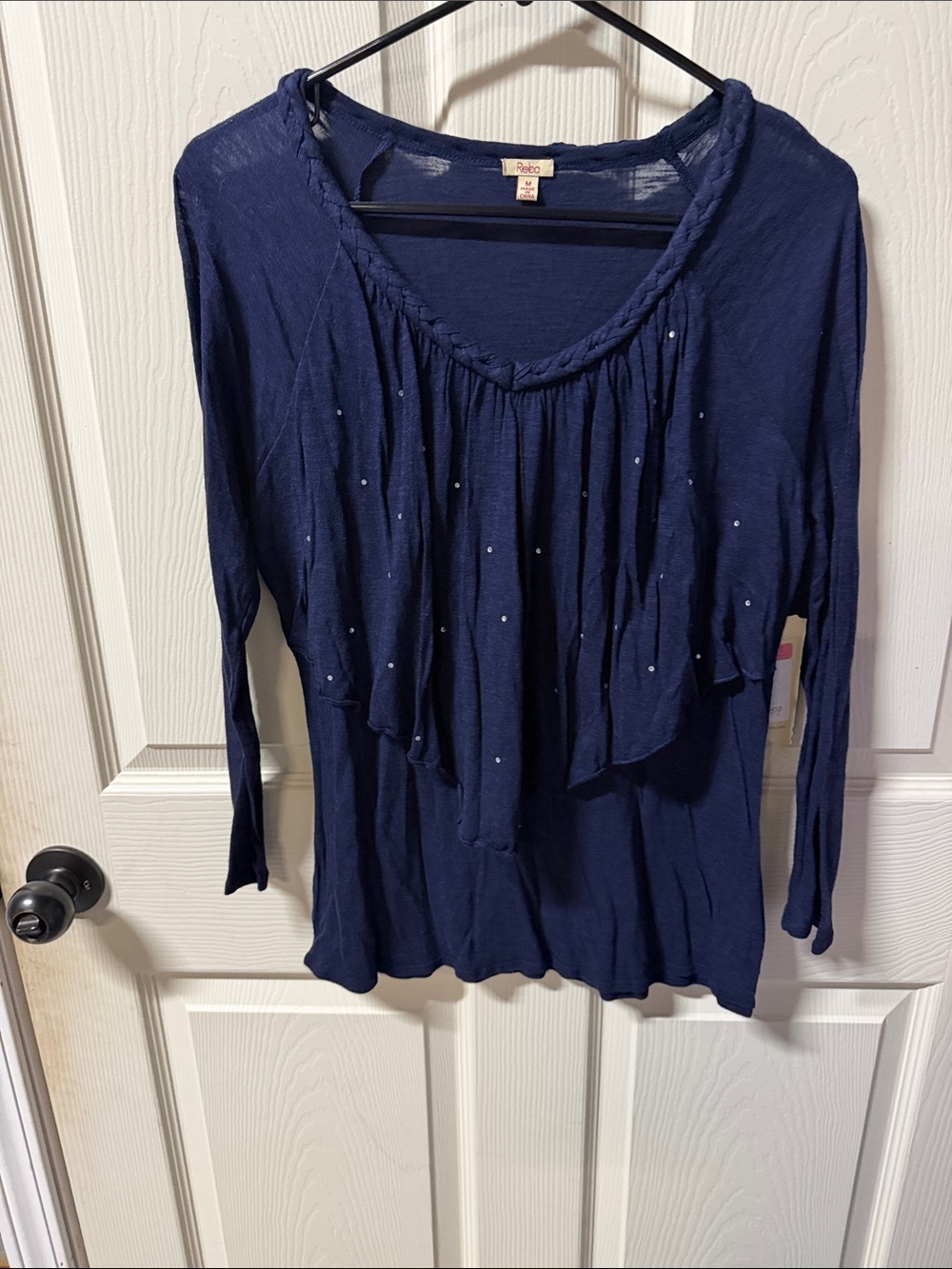 Reba Navy Long-Sleeve Braided Scoop Neck Top with Stud Detail